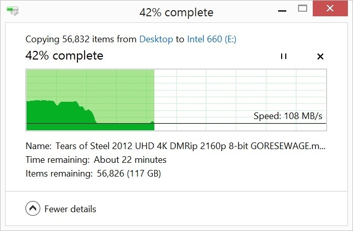 캐시가 떨어지자 하드시크보다 약간 빠른 쓰기 속도를 보였다. 450MBps로 제한되는 SATA SSD 가까이도 가지 못했다. 자주 발생하는 일은 없지만, 고려사항임은 분명하다.